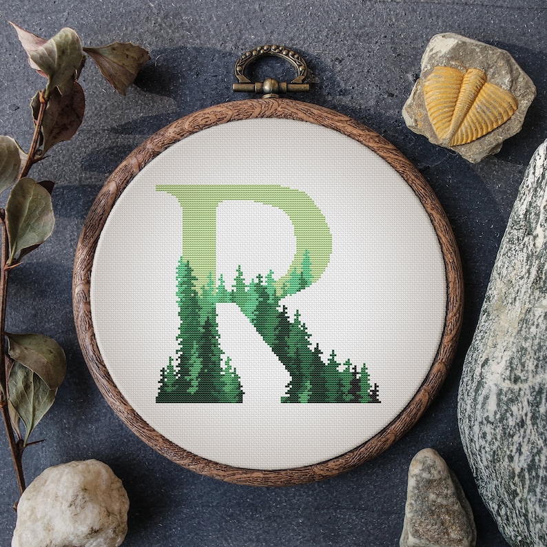 Monogram Cross Stitch Pattern, Green Forest Embroidery Design With