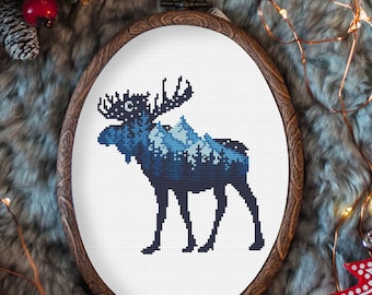 Winter Cross Stitch Pattern With Elk, Nature Cross Stitch Chart, Embroidery Designs, Counted Cross Stitch, Christmas Do It Yourself Gift