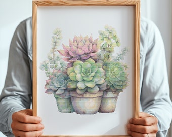 Modern kruissteekpatroon met vetplanten, potplanten kruissteekontwerp, botanisch borduurpatroon, getelde kruissteekkaart