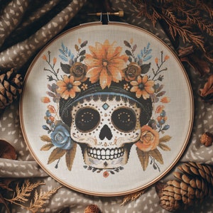 Cross Stitch Pattern With Skull, Counted, Modern Cross Stitch Design, Floral Skull Embroidery Pattern, Watercolor Flowers Cross Stitch Chart