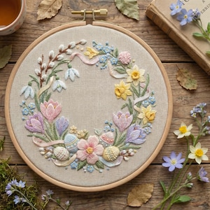 Påskbroderimönster PDF med blomsterkrans, ägg, mall för vårbroderi, gör-det-själv-presenter, glad påskpresent till mormor