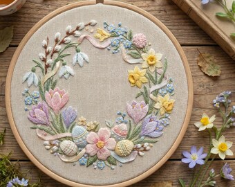 Easter Embroidery Pattern PDF With Floral Wreath, Eggs, Spring Hand ...