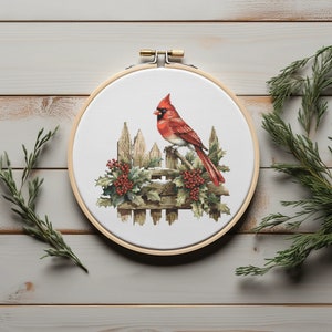 Weihnachts-Kreuzstichmuster mit rotem Kardinal, gezählt, Winter-Stickmuster, Feiertags-Kreuzstichdiagramm, einfacher Kreuzstich