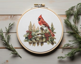 Christmas Cross Stitch Pattern With Red Cardinal, Counted, Winter Embroidery Pattern, Holiday Cross Stitch Chart, Easy Cross Stitch