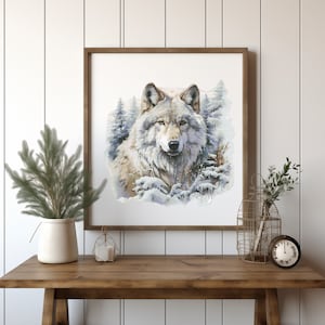 Dieren kruissteekpatroon met wolf, landschapsborduursteekontwerpen, kerstkruissteekkaart, borduurpatroon wilde natuur, geteld