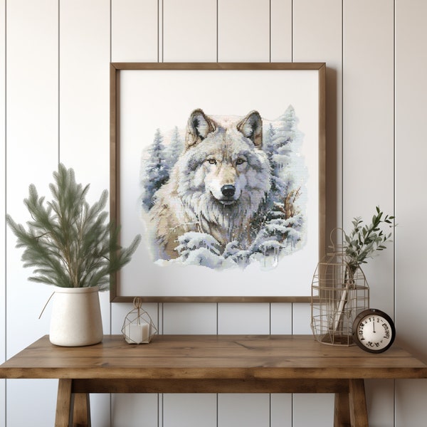 Animal Cross Stitch Pattern With Wolf, Landscape Cross Stitch Designs, Christmas Cross Stitch Chart, Wild Nature Embroidery Pattern, Counted