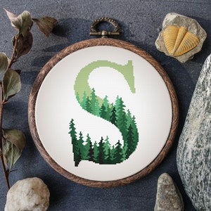 Monogram S Cross Stitch Pattern Counted Green Forest Name Embroidery Pattern PDF Modern Alphabet Letter S Cross Stitch Digital Download