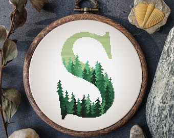Monogram S Cross Stitch Pattern Counted Green Forest Name Embroidery Pattern PDF Modern Alphabet Letter S Cross Stitch Digital Download