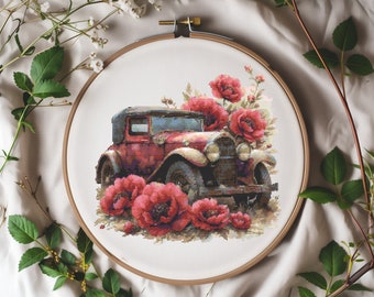 Modèle de point de croix avec voiture vintage, compté, motif de broderie rétro, grille point de croix aquarelle fleurs, fête des mères point de croix pdf