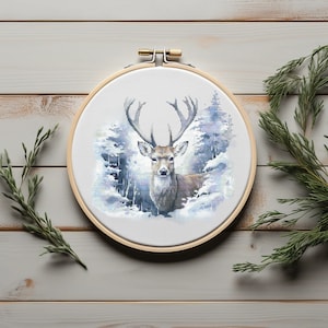 Winter Cross Stitch Pattern With Reindeer, Counted, Christmas Cross Stitch Chart, Landscape Cross Stitch Art, Embroidery Designs, Saga File