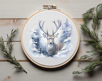 Winter Cross Stitch Pattern With Reindeer, Counted, Christmas Cross Stitch Chart, Landscape Cross Stitch Art, Embroidery Designs, Saga File
