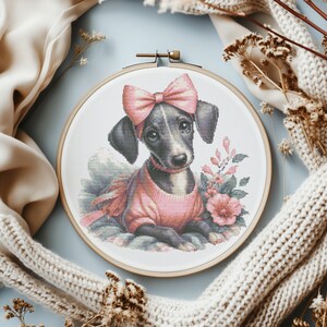 Kreuzstich Stickmuster, PDF, mit Welpen, Haustier Stickmuster, Kreuzstich Stickmuster Vorlage mit Hund, Blumen, Kreuzstich Stickvorlagen