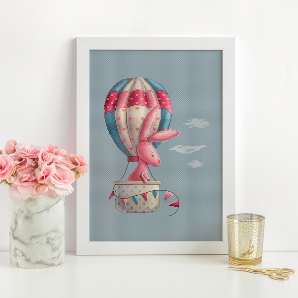 Baby Girl Cross Stitch Pattern Bunny In Balloon Embroidery Sampler  Pink Boho Nursery Counted Cross Stitch Baby Gift Digital Download