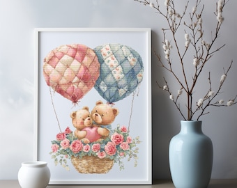 Cross Stitch Pattern With Cute Bears, Nursery Embroidery Designs, Counted Cross Stitch Chart, Digital Downloads