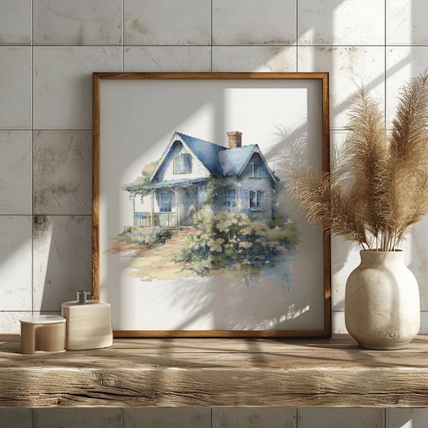 Cross Stitch Pattern With Seaside Cottage, Coastal Embroidery Pattern, Counted, Beach House Cross Stitch Designs, Seascape Cross Stitch Pdf
