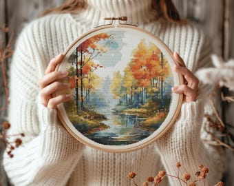 Schema moderno per punto croce con montagne, disegno per punto croce con paesaggio forestale, schema per ricamo con natura selvaggia, schema per punto croce contato