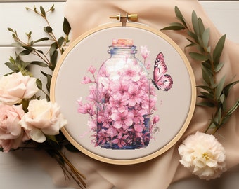 Cross Stitch Pattern With Butterflies, Counted Embroidery Pattern, Pink Flower Bouquet Cross Stitch Chart, Mother's Day Cross Stitch Pdf