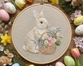 Pasen-handborduursjabloon met konijn, lente-borduurpatroon pdf met konijn, doe-het-zelfcadeaus, Moederdagcadeau voor oma