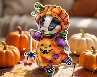 Halloween-Kreuzstichmuster mit Dachs und Kürbis, einfache Stickmotive, gezählt, kleines Muster für Plastikleinwand, Saga-Datei, DIY-Geschenk
