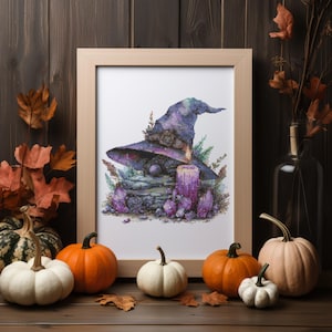 Halloween Cross Stitch Pattern With Witch Crystal Hat Fall Embroidery Pattern Modern Cross Stitch Designs Nursery Cross Stitch Pdf Counted