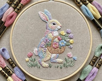 Lente borduurpatroon pdf met konijn, paashandborduursjabloon met konijn, doe-het-zelfcadeaus, vrolijk paascadeau voor oma