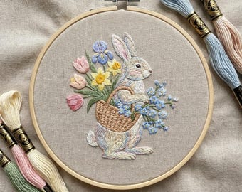 Lente borduurpatroon pdf met konijn, paashandborduursjabloon met konijn, doe-het-zelfcadeaus, Moederdagcadeau voor oma