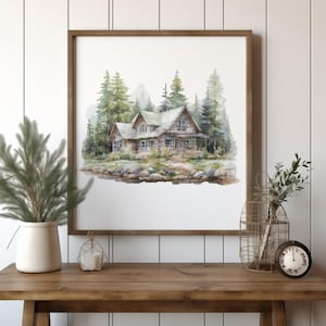 Natuur kruissteekpatroon met boshut, telpatroon voor kruissteek, landschap kruissteekkunst, rustieke cottage borduurontwerpen