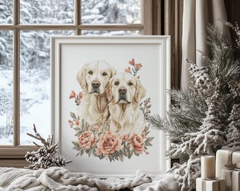 Pet Cross Stitch Pattern With English Golden Retrievers, Dog Embroidery Designs, Counted Cross Stitch Charts, Birthday Gift For Dog Mom