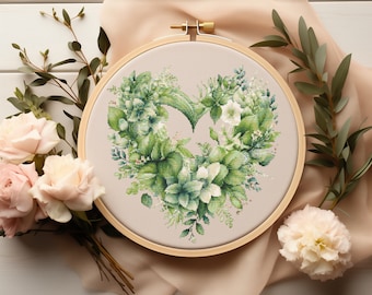 Valentine Cross Stitch Pattern, Valentine's Day Embroidery Pattern, Green Heart Cross Stitch Chart, Easy Cross Stitch, Handmade Gift For Him