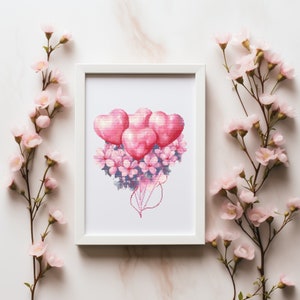 Valentine Cross Stitch Pattern, Birthday Embroidery Pattern PDF, Heart Balloons Cross Stitch Chart, Floral Cross Stitch, Birthday Gifts