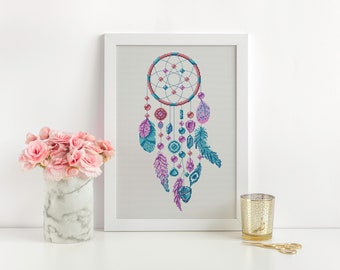 Dreamcatcher Cross Stitch Pattern Counted Celestial Bohemian Feather Embroidery Pattern Digital Downloads Cross Stitch Pattern PDF