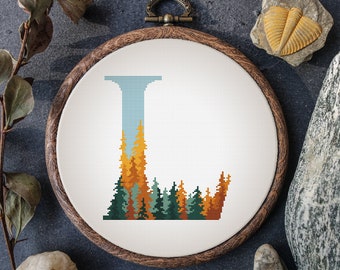 Monogram L Cross Stitch Pattern Counted Fall Forest Name Embroidery Pattern PDF Modern Alphabet Letter L Cross Stitch Digital Download