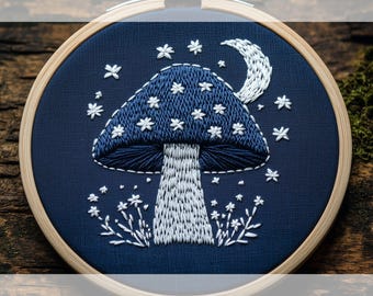 Mushroom Embroidery Pattern, Magic Mushrooms Embroidery Designs, Cottagecore Hand Embroidery Template With The Moon Stars Modern Embroidery