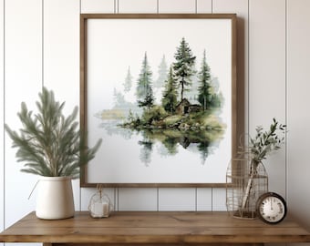 Nature Cross Stitch Pattern With Hut, Landscape Cross Stitch Samplers, Lake Embroidery Designs, Counted Cross Stitch, DIY Gift For Hunter