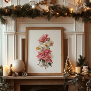 Patrón de punto de cruz navideño con flor de Pascua y narciso, bordado de flores de diciembre, arte de punto de cruz con flores.