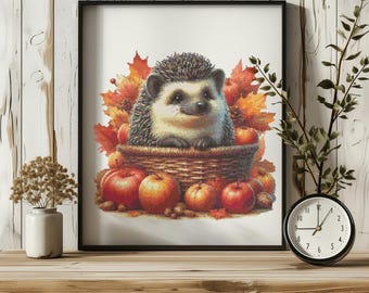 Könnte beinhalten: Ein süßer Igel sitzt in einem Korb mit roten Äpfeln und Herbstblättern. Der Igel ist braun und grau mit einem weißen Bauch und schwarzen Augen. Der Korb ist geflochten und braun. Die Blätter sind rot, orange und gelb.