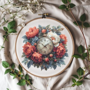 Patrón de punto de cruz con reloj vintage, patrón de bordado floral contado, gráfico de punto de cruz en acuarela, muestrario de punto de cruz retro