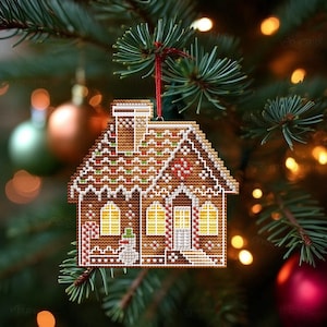 Christmas Ornament Cross Stitch Pattern, Counted Cross Stitch, Winter Embroidery Pdf, Gingerbread House, Saga File, Plastic Canvas Pattern