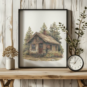 May include: A framed cross-stitch artwork depicting a rustic wooden cabin nestled in a forest setting. The cabin has a brown wooden door and windows, and a small porch with steps leading up to the entrance. The surrounding trees are green and lush, and there are flowers and plants growing around the cabin.