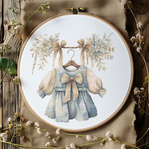 Geteld kruissteekpatroon met vintage outfit babymeisje bloemenborduurpatroon aquarel kruissteekkaart kinderkamer kruissteek pdf