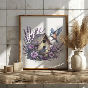 Kruissteekpatroon met lavendel vogelhuisje moderne kruissteekontwerpen borduurpatroon bloemen kruissteek PDF count Cross Stitch Art