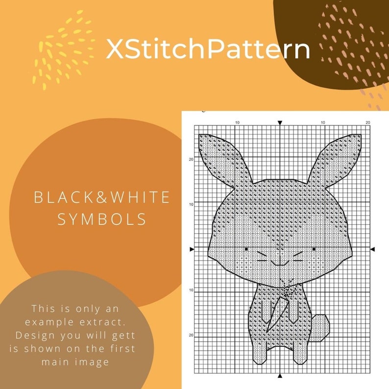 Puede incluir: Un patr&oacute;n de punto de cruz en blanco y negro de un conejito sobre una cuadr&iacute;cula. La imagen incluye el texto "XStitchPattern" y "BLACK & WHITE SYMBOLS". Texto adicional indica: "Esto es solo un extracto de ejemplo. El dise&ntilde;o que obtendr&aacute; se muestra en la primera imagen principal."