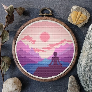 Yoga Kreuzstichmuster PDF Gezählte Mediation Kreuzstichvorlagen Sonnenaufgang Landschaft Stickmuster Natur Kreuzstichmotive