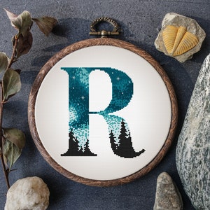 Monogram Cross Stitch Pattern Blue Sky Family Name Embroidery Pattern Modern Alphabet Letter R Cross Stitch Sampler Pattern Digital Download