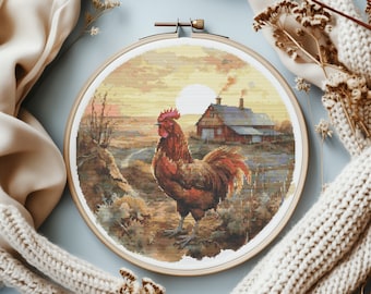 Counted Cross Stitch Pattern With Rooster, Farm Embroidery Designs, Modern Cross Stitch Charts, Rustic Scenery, Cottagecore Decor, Mom Gifts