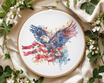 Cross Stitch Pattern PDF With American Eagle, Patriotic Cross Stitch Designs, Counted, USA Cross Stitch Chart, Watercolor Embroidery Pattern