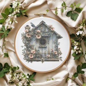 Spring Cross Stitch Pattern Pdf With Birdhouse, Vintage Cross Stitch Designs With Flowers, Bird Embroidery Pattern, Cross Stitch Art Counted