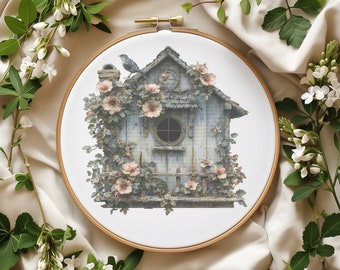 Spring Cross Stitch Pattern Pdf With Birdhouse, Vintage Cross Stitch Designs With Flowers, Bird Embroidery Pattern, Cross Stitch Art Counted