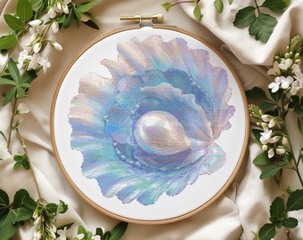 Cross Stitch Pattern Pdf With Pearl, Sea Shell Embroidery Designs, Counted Cross Stitch Sampler, Modern Cross Stitch Art, Coastal Home Decor