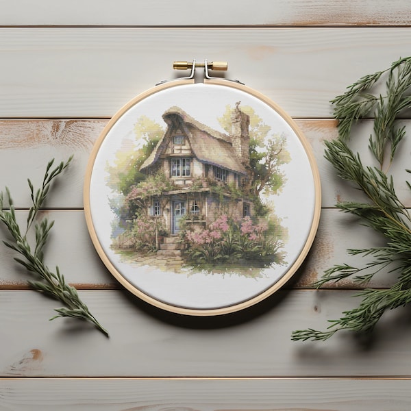 Schema punto croce con cottage pastorale, disegni punto croce rustici, schema ricamo Cottagecore, schema punto croce contato